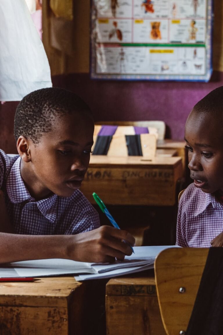 Two African students collaborating on assignments in a classroom setting.